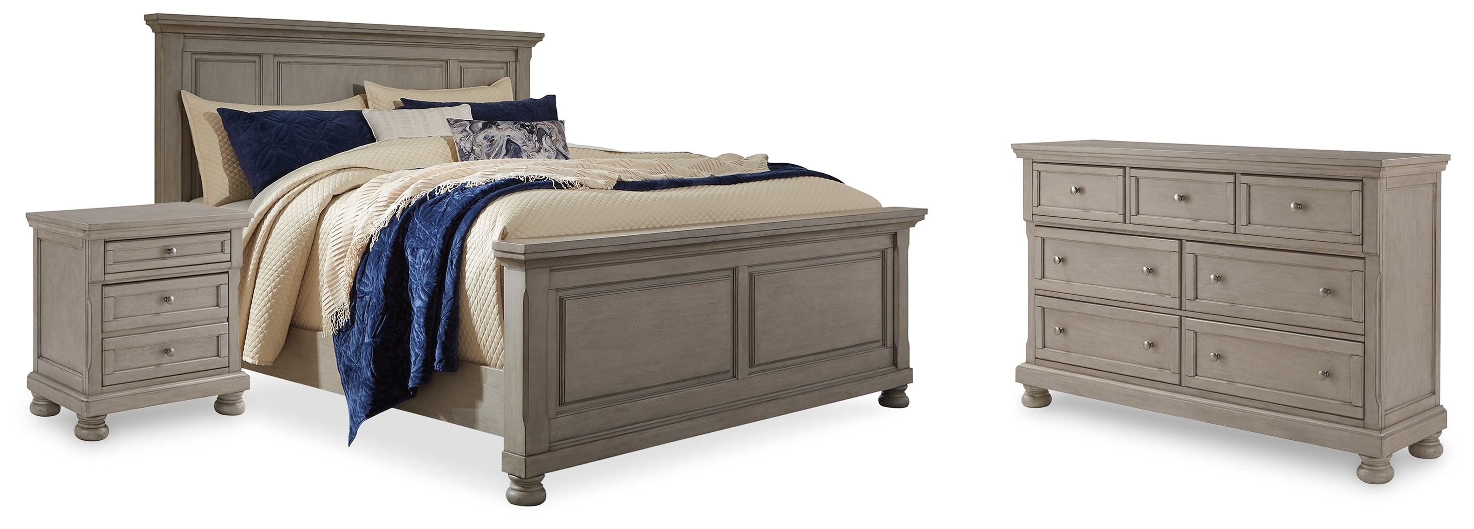 Best Furniture Outlet - Ashley Furniture - Lettner Bedroom - Queen Panel Bed, Dresser, and Nightstand / Light Gray - B733B42