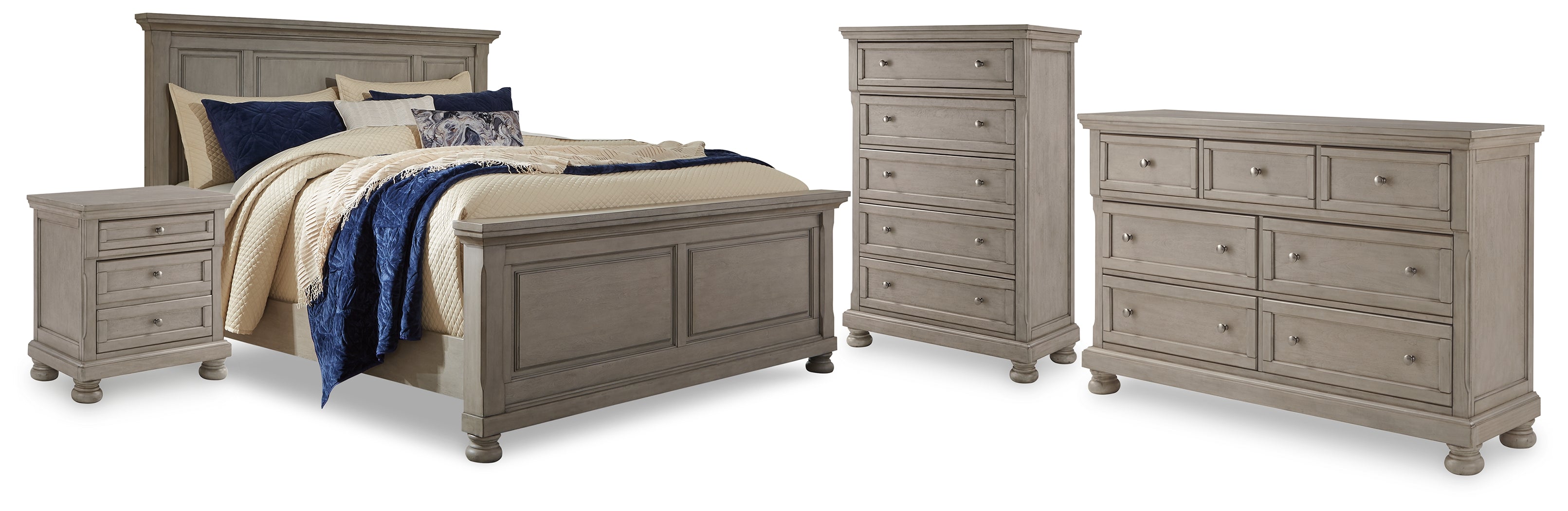 Best Furniture Outlet - Ashley Furniture - Lettner Bedroom - California King Panel Bed, Dresser, Chest and 2 Nightstands / Light Gray - B733B47