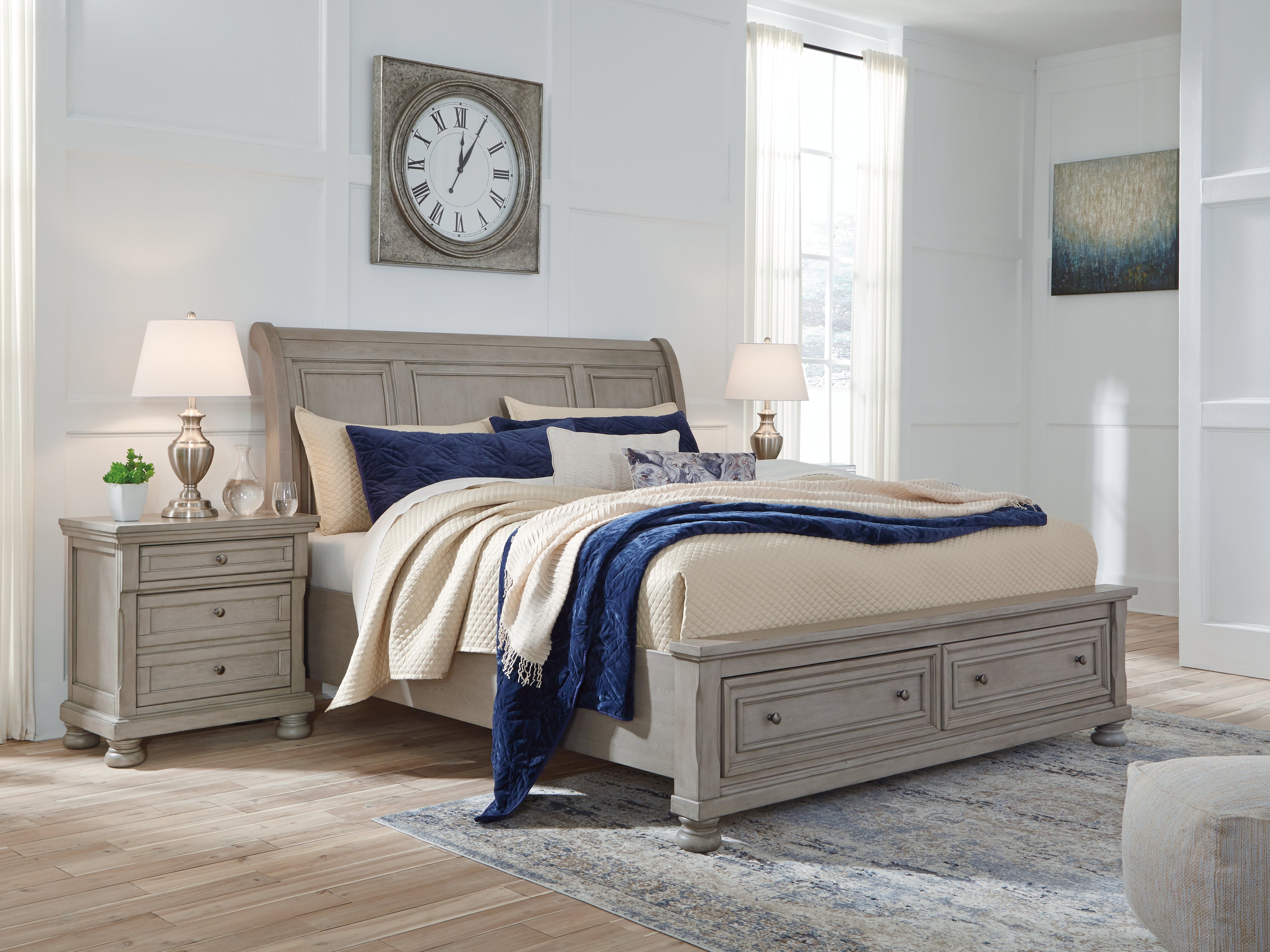 Best Furniture Outlet - Ashley Furniture - Lettner Bedroom - King Sleigh Bed with 2 Storage Drawers / Light Gray - B733B8