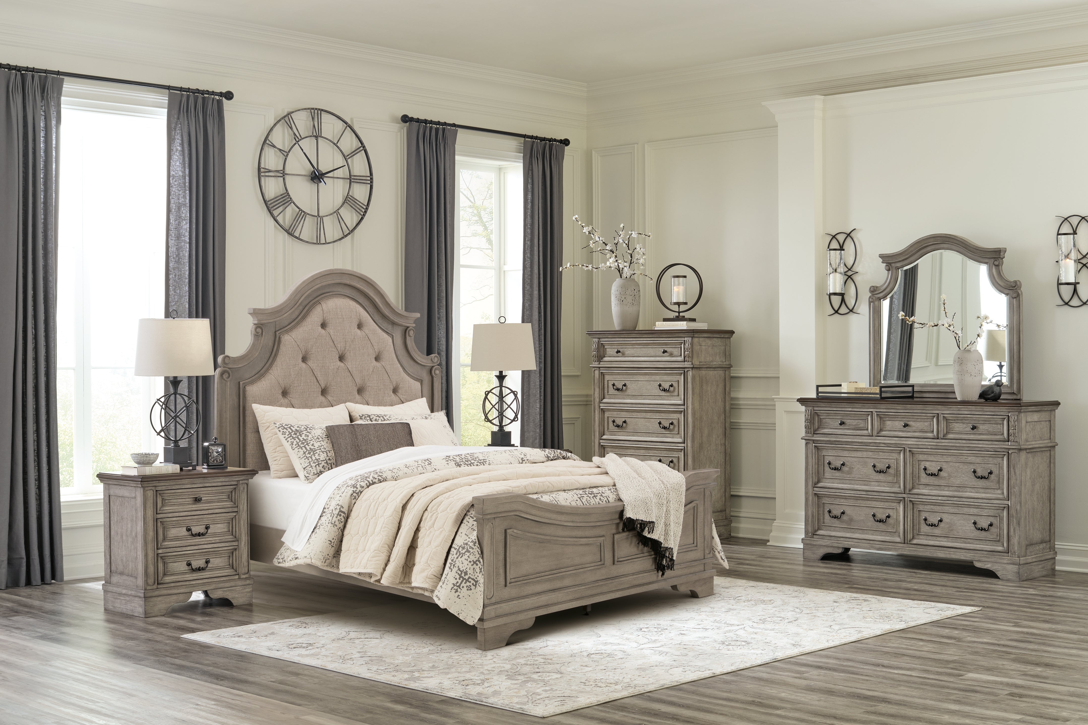 Best Furniture Outlet - Ashley Furniture - Lodenbay Bedroom - Queen Upholstered Panel Bed, Dresser, Mirror, Chest and Nightstand / Antique Gray - B751B9