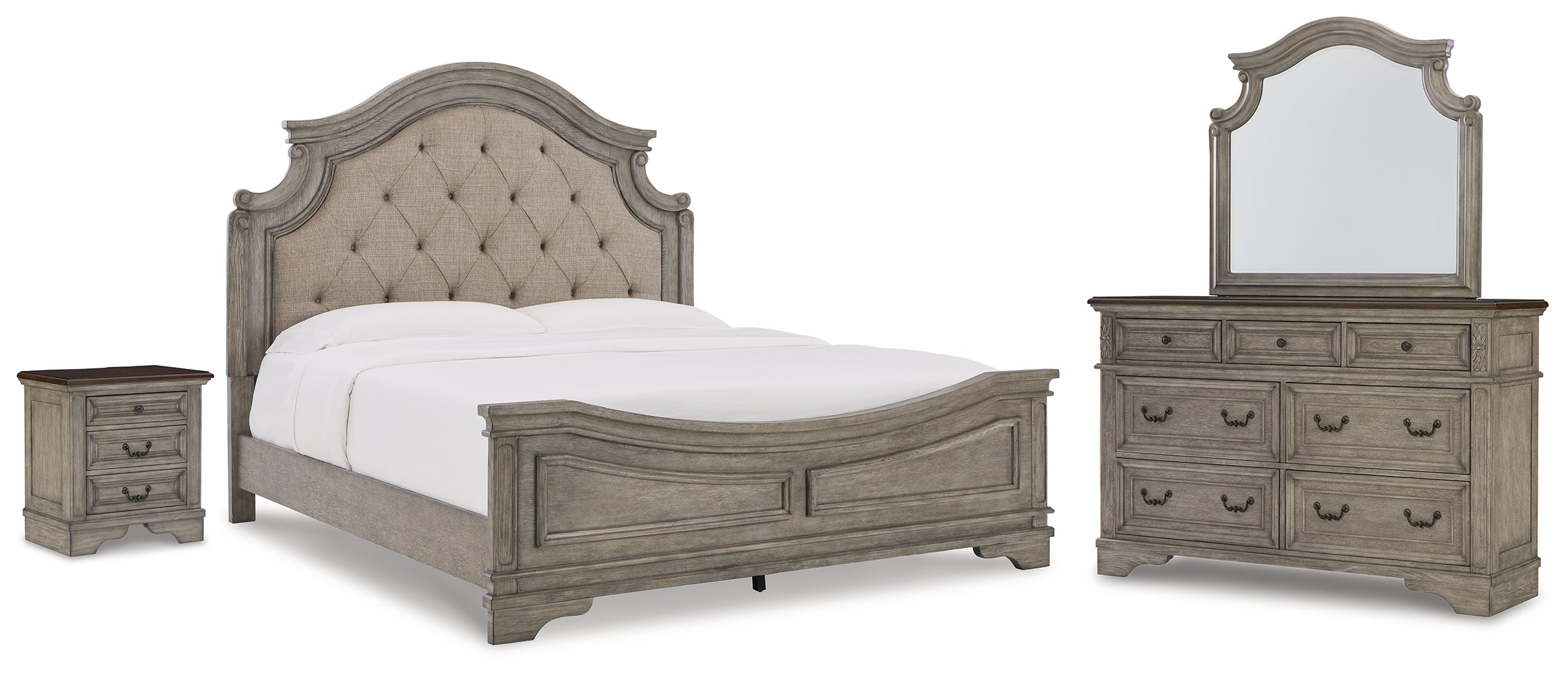 Best Furniture Outlet - Ashley Furniture - Lodenbay Bedroom - King Upholstered Panel Bed, Dresser, Mirror, and Nightstand / Antique Gray - B751B8