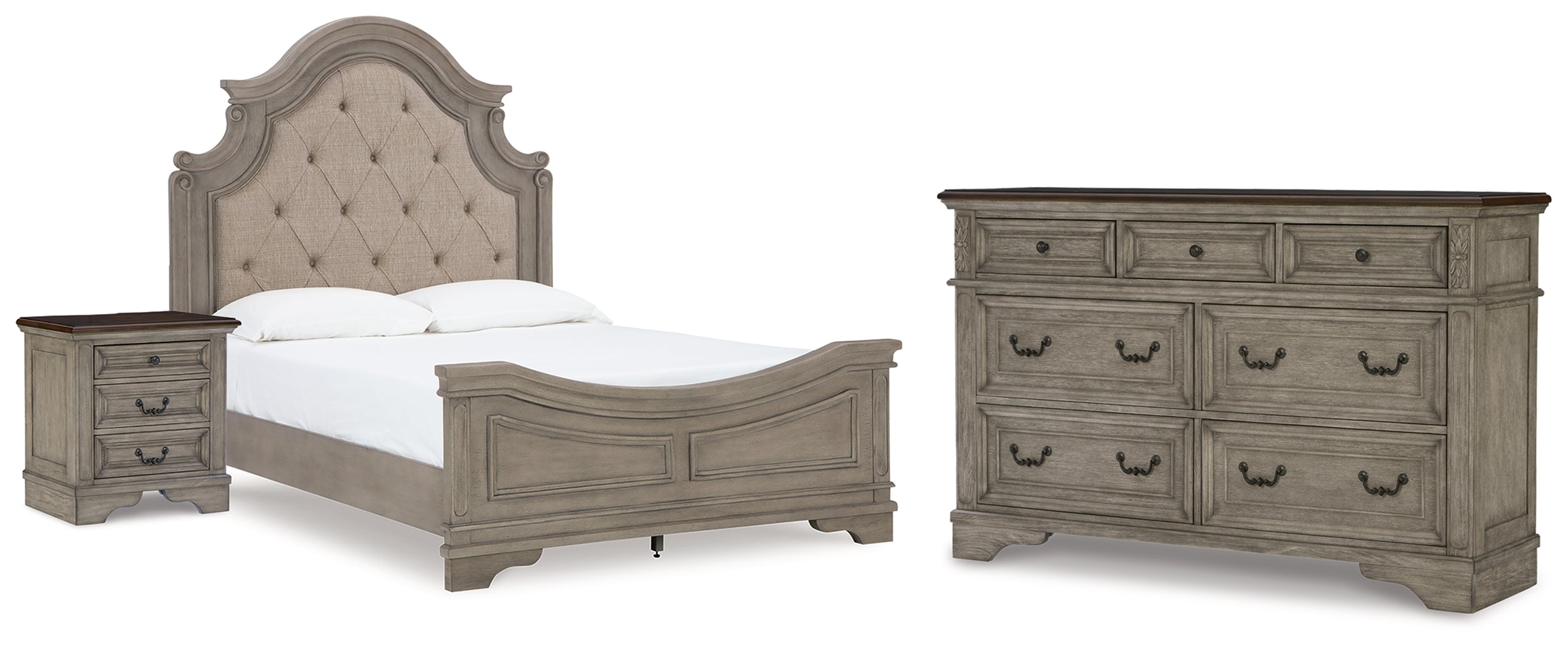 Best Furniture Outlet - Ashley Furniture - Lodenbay Bedroom - Queen Upholstered Panel Bed, Dresser and Nightstand / Antique Gray/Brown - B751B13