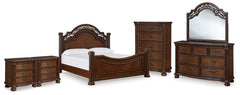 Best Furniture Outlet - Ashley Furniture - Lavinton Bedroom - Queen Poster Bed, Dresser, Mirror, Chest and 2 Nightstands / Brown - B764B18