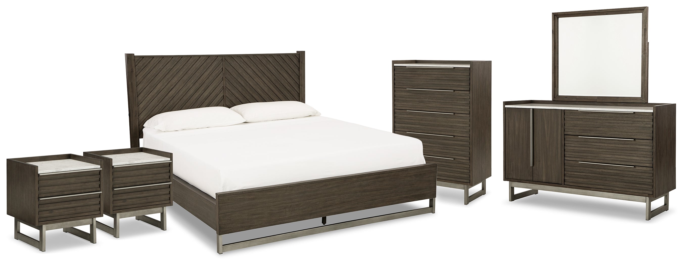 Best Furniture Outlet - Ashley Furniture - Arkenton Bedroom - King Panel Bed, Dresser, Mirror, Chest and 2 Nightstands / Grayish Brown - B786B10