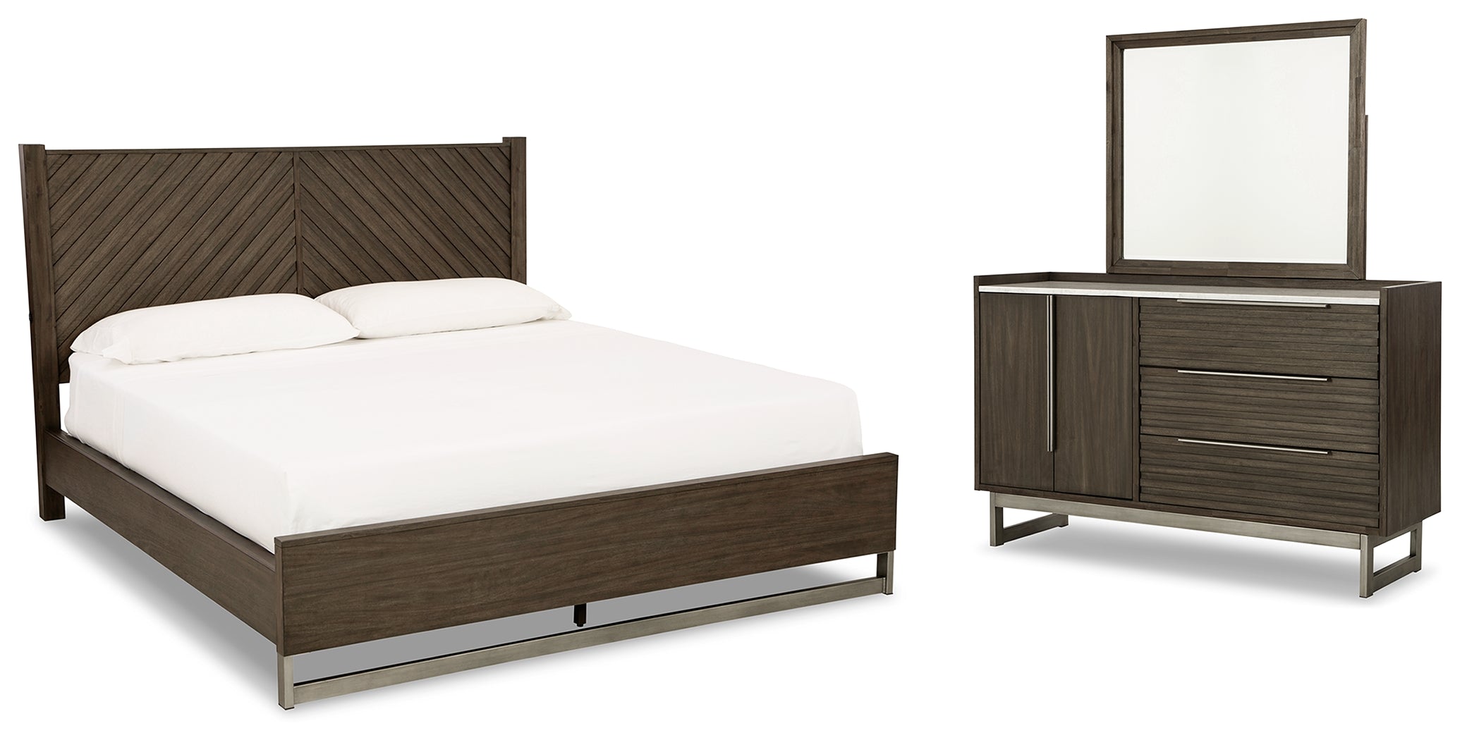 Best Furniture Outlet - Ashley Furniture - Arkenton Bedroom - King Panel Bed, Dresser and Mirror / Grayish Brown - B786B8