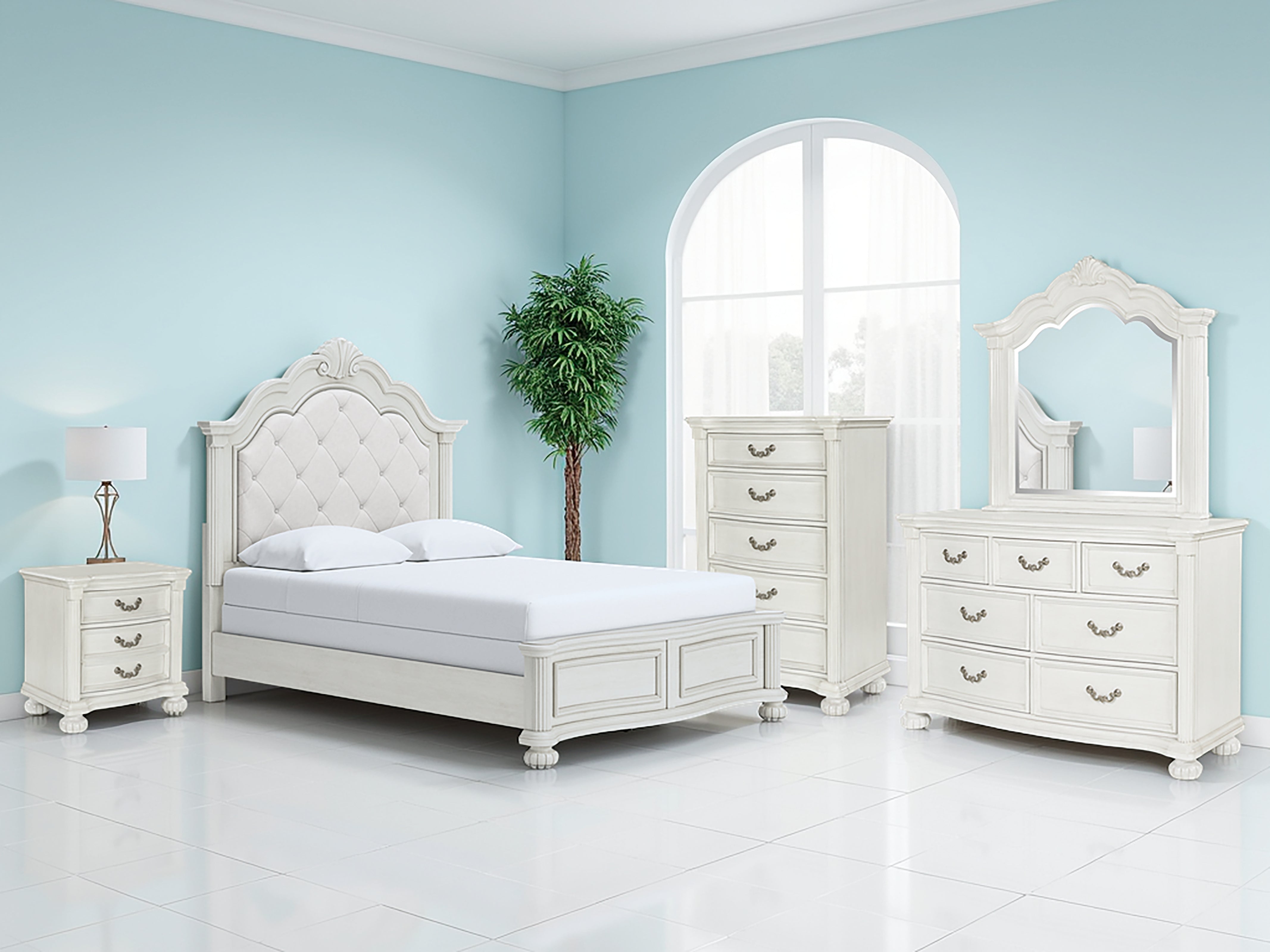 Best Furniture Outlet - Ashley Furniture - Montelaine Bedroom - Queen Upholstered Panel Bed / Antique White - B795B2