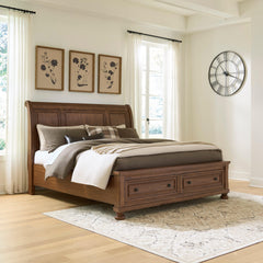Best Furniture Outlet - Ashley Furniture - Zackaryn Bedroom - California King Sleigh Storage Bed / Warm Brown - PCB807B9