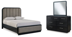Best Furniture Outlet - Ashley Furniture - Rowanbeck Bedroom - Queen Upholstered Panel Bed, Dresser and Mirror / Black - B821B3
