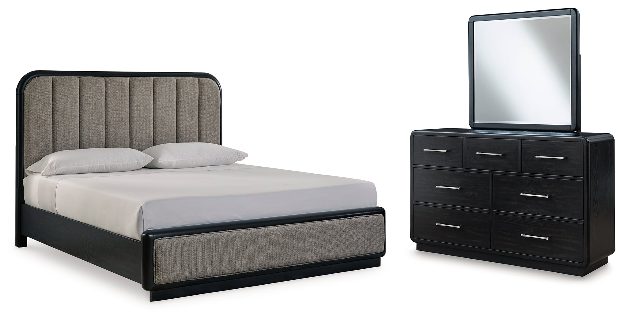 Best Furniture Outlet - Ashley Furniture - Rowanbeck Bedroom - California King Upholstered Panel Bed, Dresser and Mirror / Black - B821B7