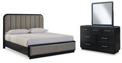 Best Furniture Outlet - Ashley Furniture - Rowanbeck Bedroom - California King Upholstered Panel Bed, Dresser and Mirror / Black - B821B7