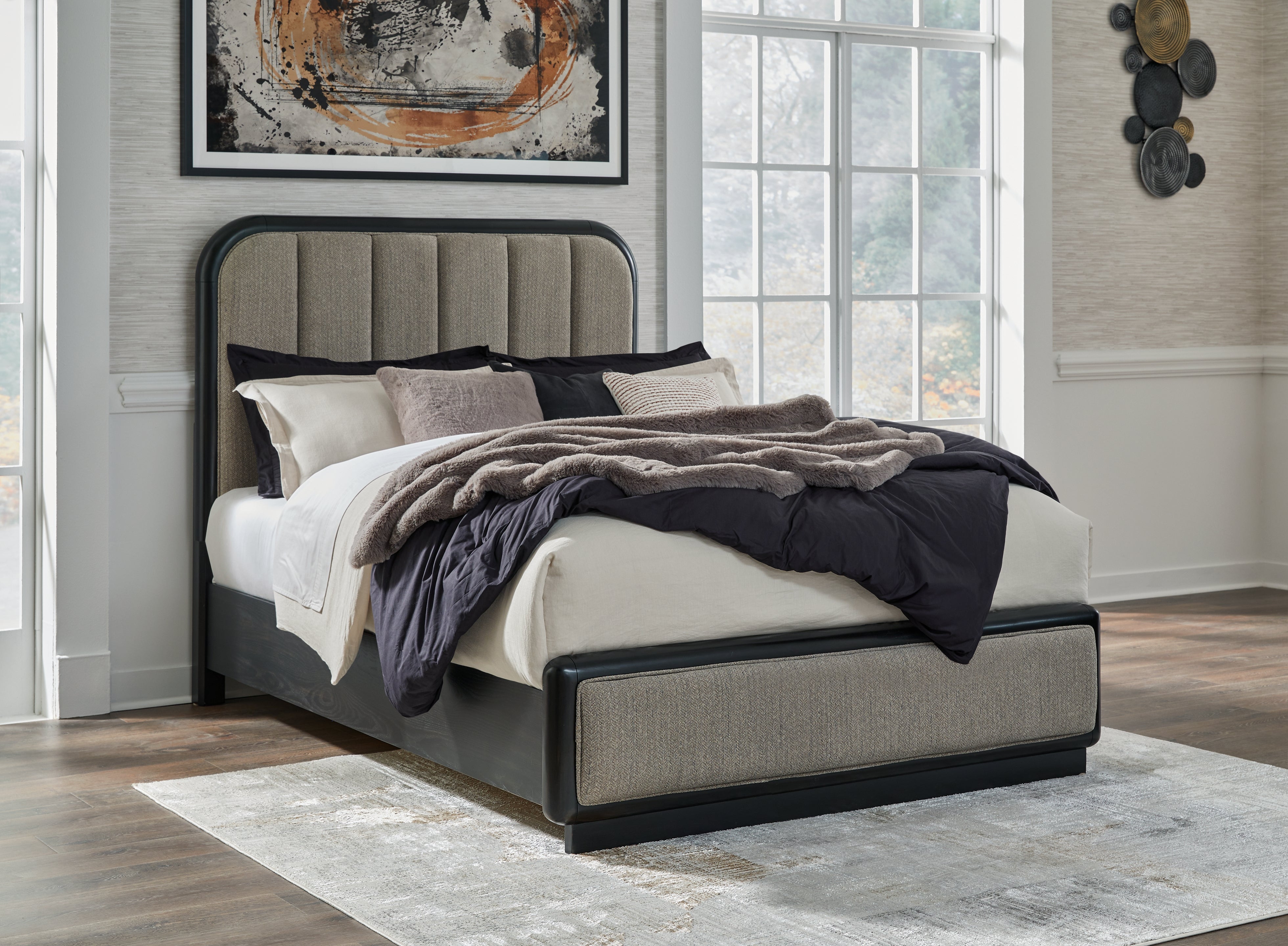 Best Furniture Outlet - Ashley Furniture - Rowanbeck Bedroom - Queen Upholstered Panel Bed / Gray/Black - B821B2
