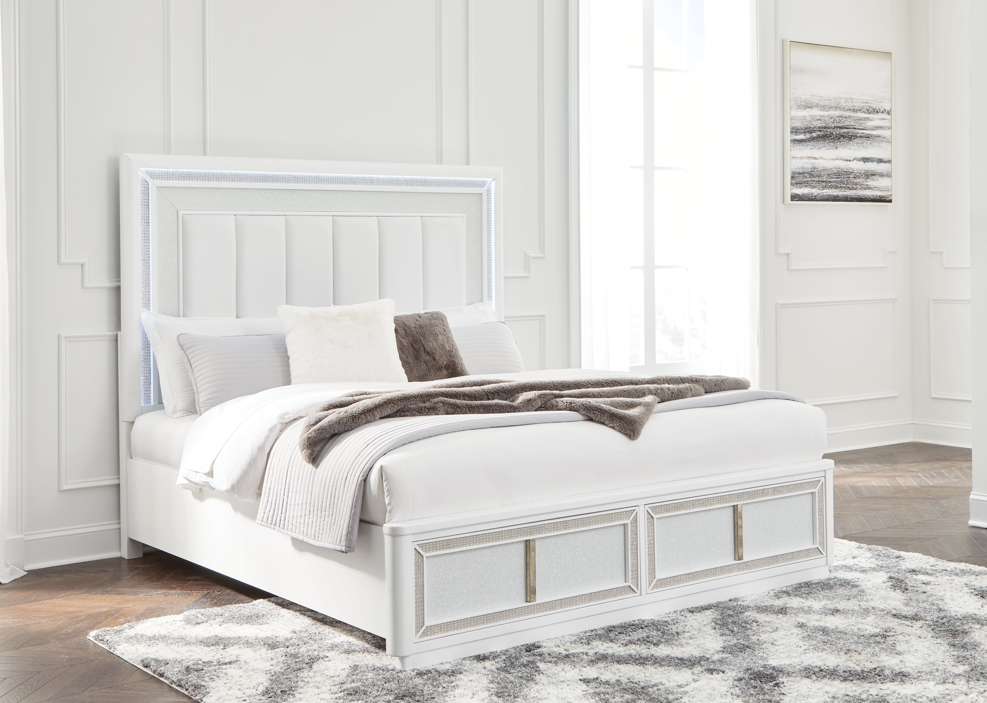 Best Furniture Outlet - Ashley Furniture - Chalanna Bedroom - King Upholstered Storage Bed / White - B822B4