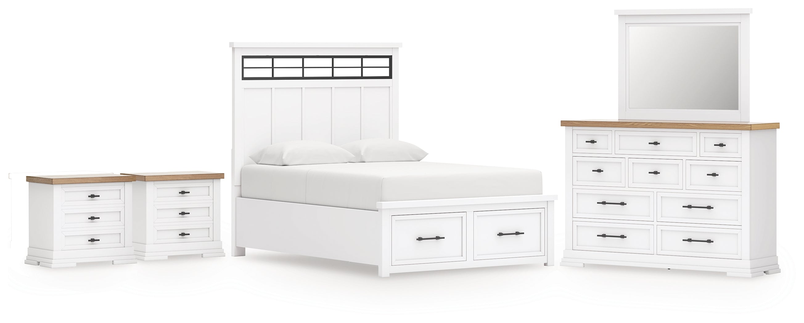 Best Furniture Outlet - Ashley Furniture - Ashbryn Bedroom - Queen Panel Storage Bed, Dresser, Mirror and 2 Nightstands / White/Natural - B844B11