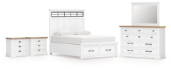 Best Furniture Outlet - Ashley Furniture - Ashbryn Bedroom - Queen Panel Storage Bed, Dresser, Mirror and 2 Nightstands / White/Natural - B844B11