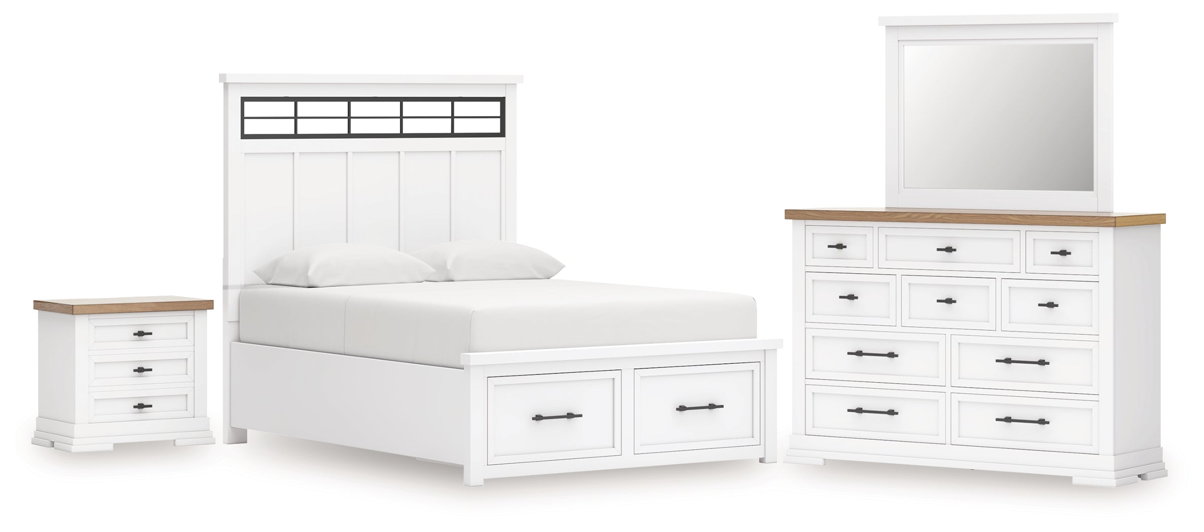 Best Furniture Outlet - Ashley Furniture - Ashbryn Bedroom - King Panel Storage Bed, Dresser, Mirror and Nightstand / White/Natural - B844B9