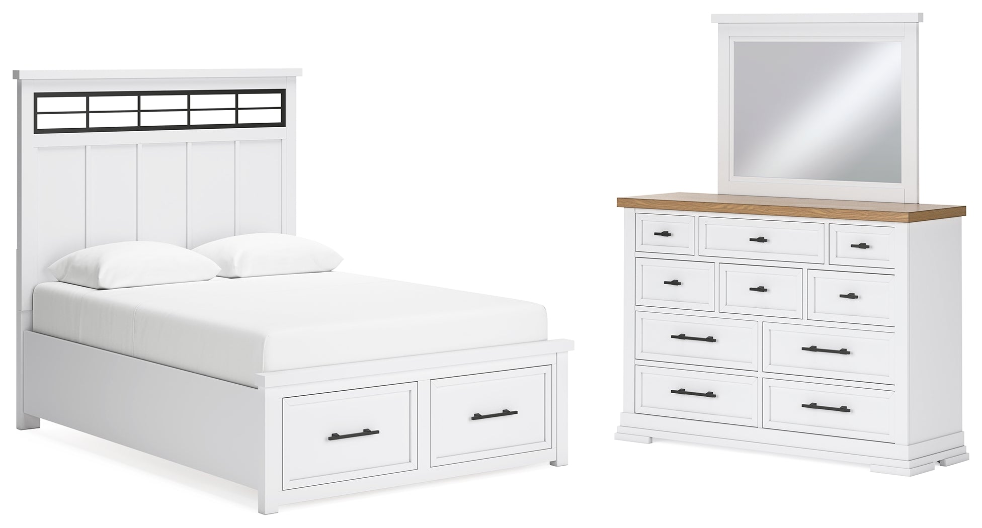 Best Furniture Outlet - Ashley Furniture - Ashbryn Bedroom - Queen Panel Storage Bed, Dresser and Mirror / White/Natural - B844B3