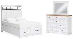 Best Furniture Outlet - Ashley Furniture - Ashbryn Bedroom - Queen Panel Storage Bed, Dresser and Mirror / White/Natural - B844B3