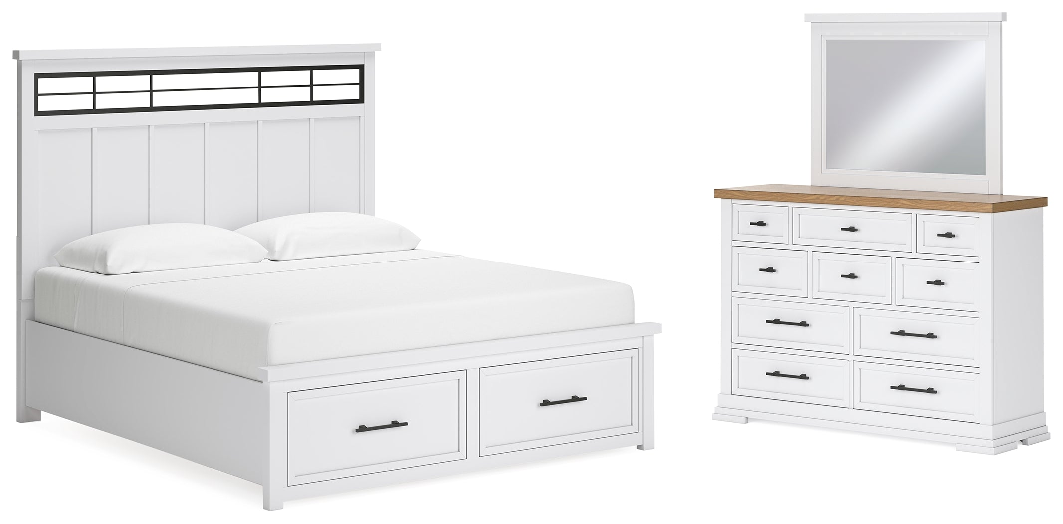 Best Furniture Outlet - Ashley Furniture - Ashbryn Bedroom - King Panel Storage Bed, Dresser and Mirror / White/Natural - B844B6