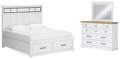 Best Furniture Outlet - Ashley Furniture - Ashbryn Bedroom - King Panel Storage Bed, Dresser and Mirror / White/Natural - B844B6
