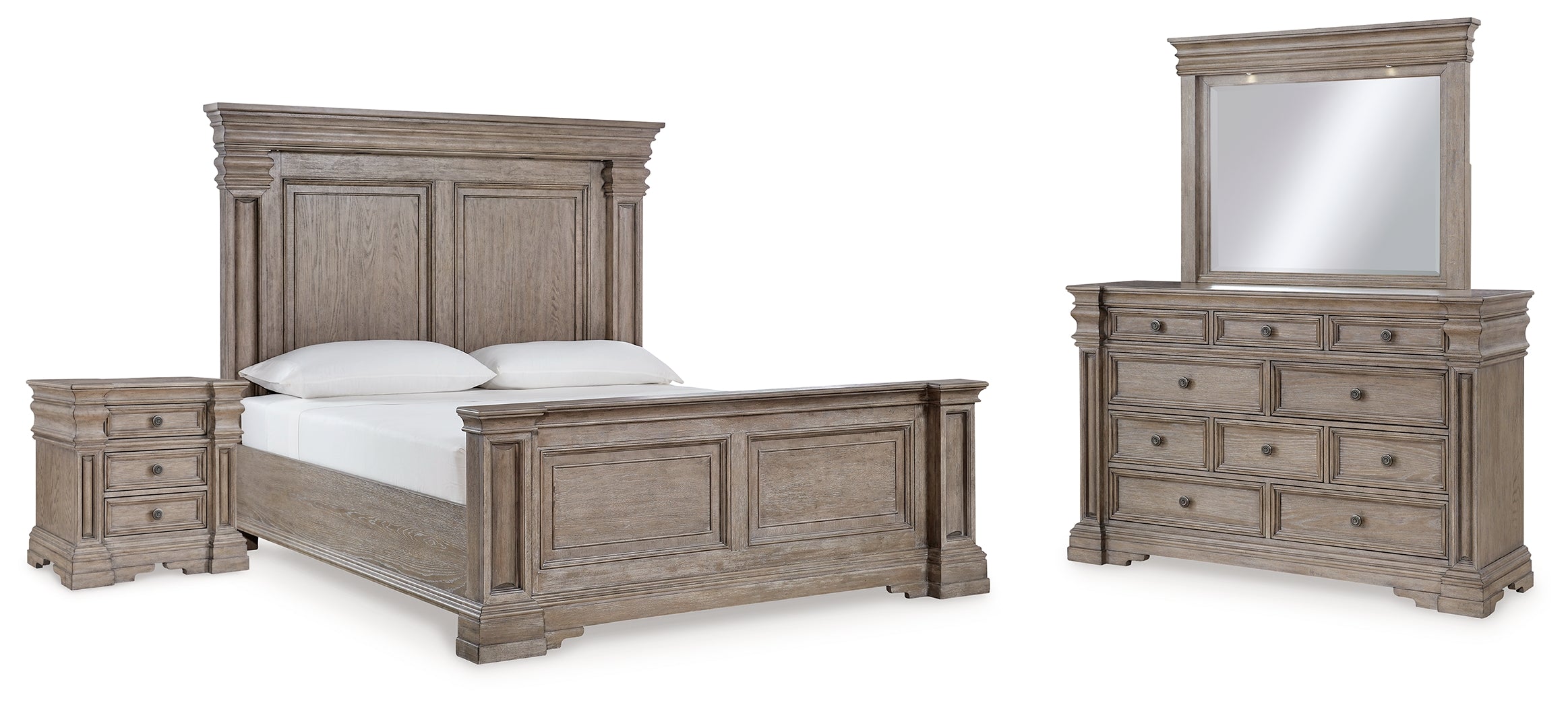 Best Furniture Outlet - Ashley Furniture - Blairhurst Bedroom - King Panel Bed, Dresser, Mirror and Nightstand / Light Grayish Brown - B916B9