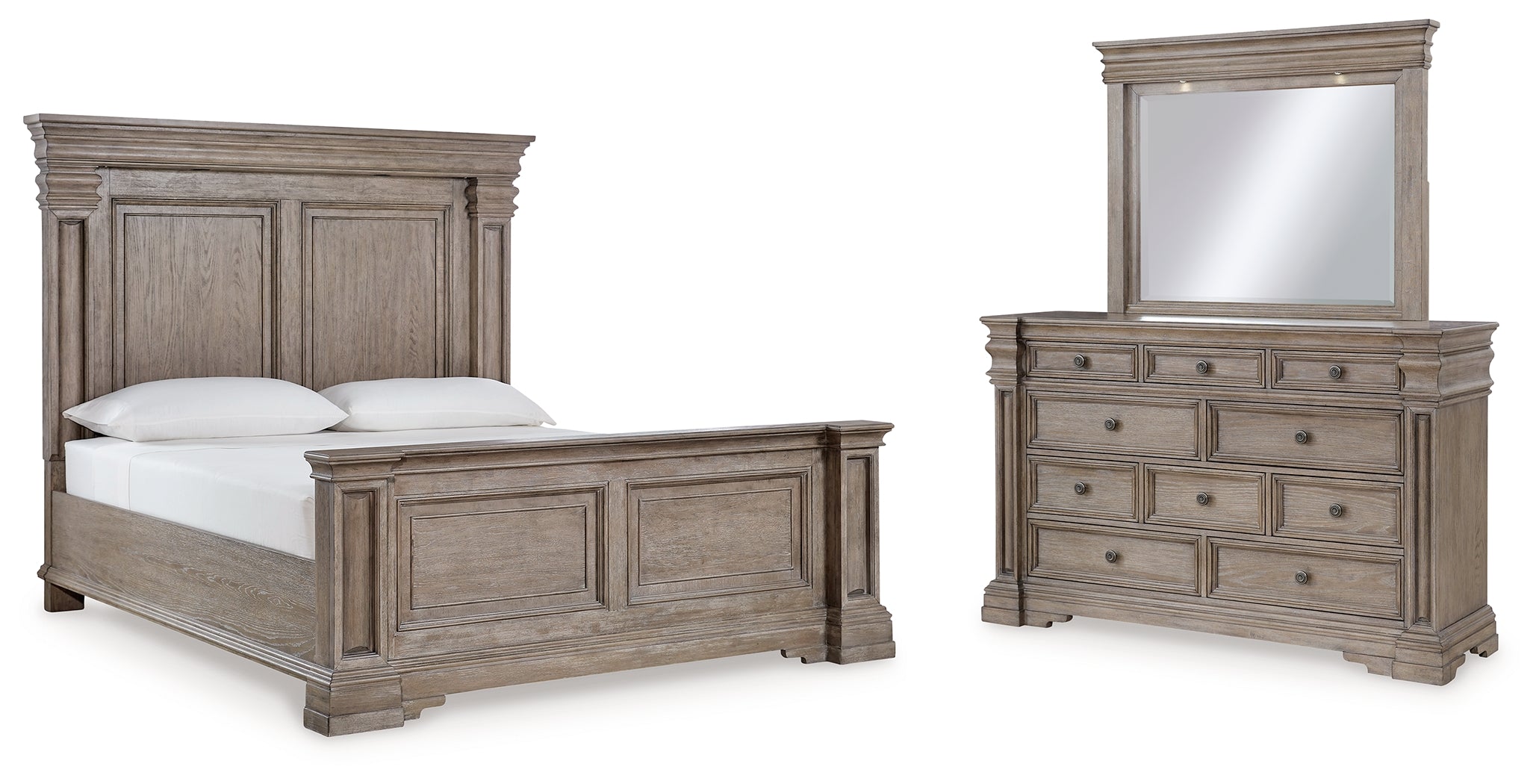 Best Furniture Outlet - Ashley Furniture - Blairhurst Bedroom - King Panel Bed, Dresser and Mirror / Light Grayish Brown - B916B6