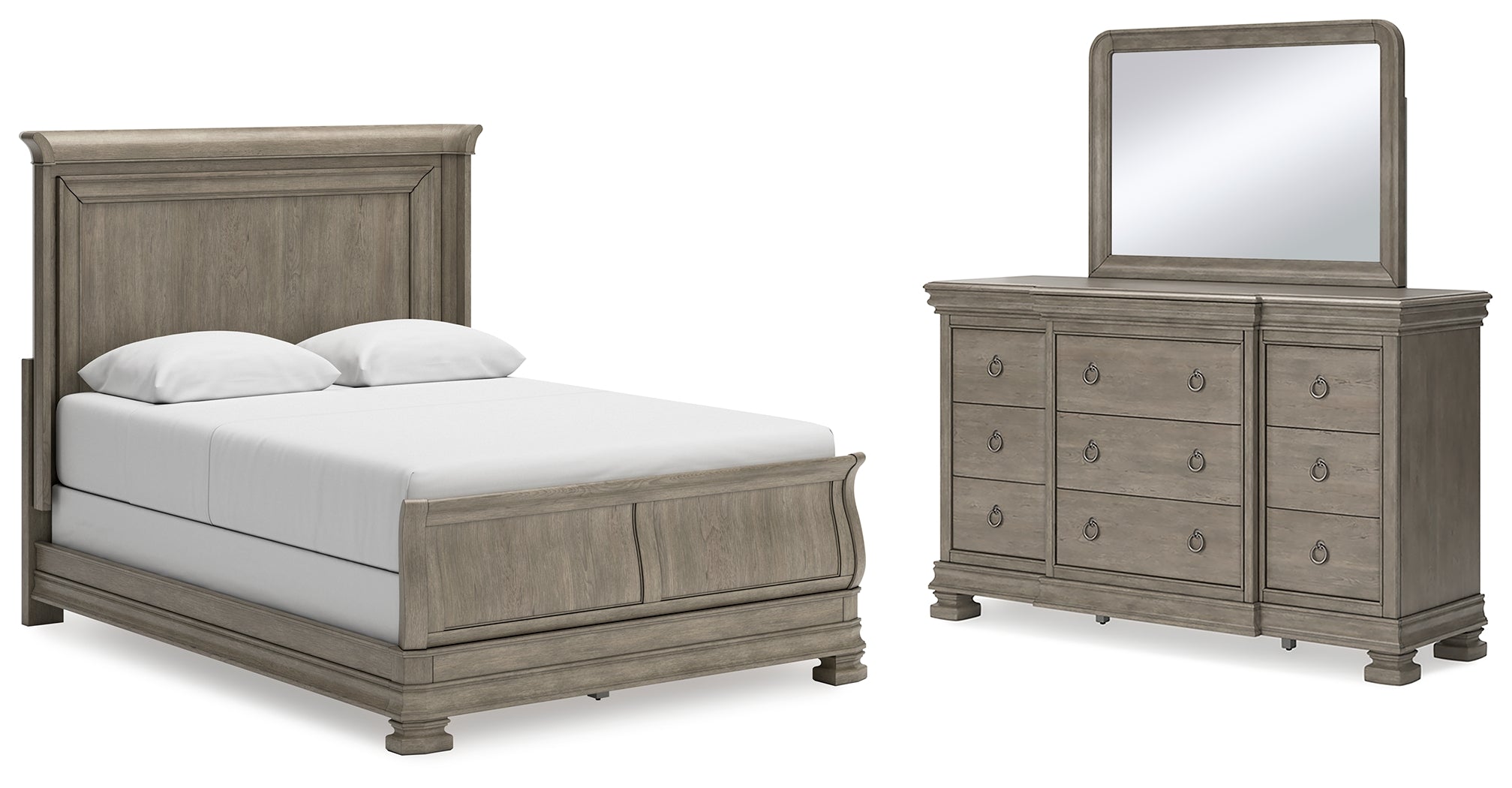 Best Furniture Outlet - Ashley Furniture - Lexorne Bedroom - Queen Sleigh Bed, Dresser and Mirror / Gray - B924B3