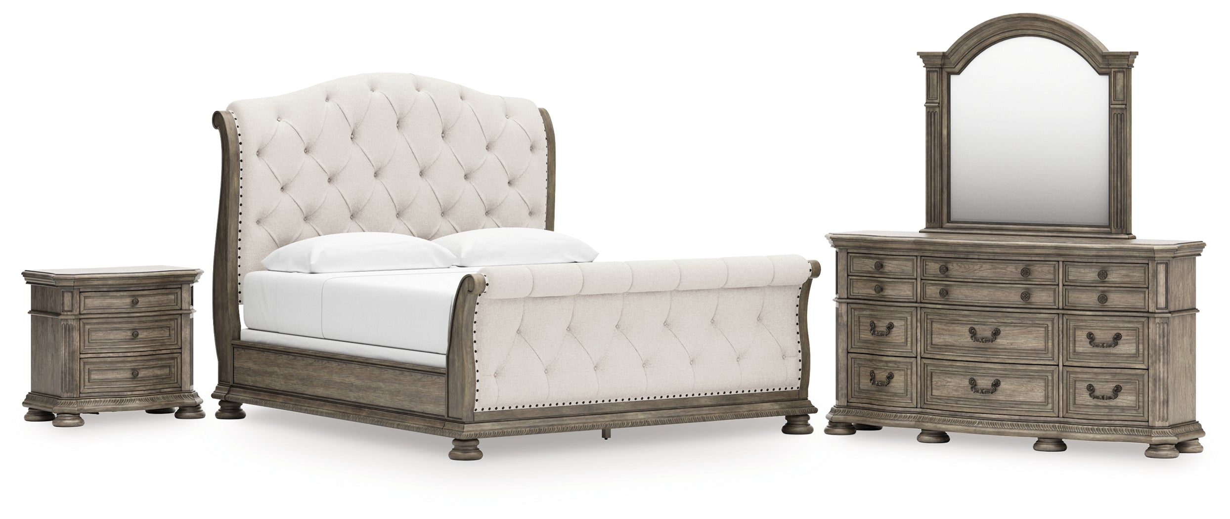 Best Furniture Outlet - Ashley Furniture - Ardenfield Bedroom - King Sleigh Bed, Dresser, Mirror and Nightstand / Light Brown - B944B7