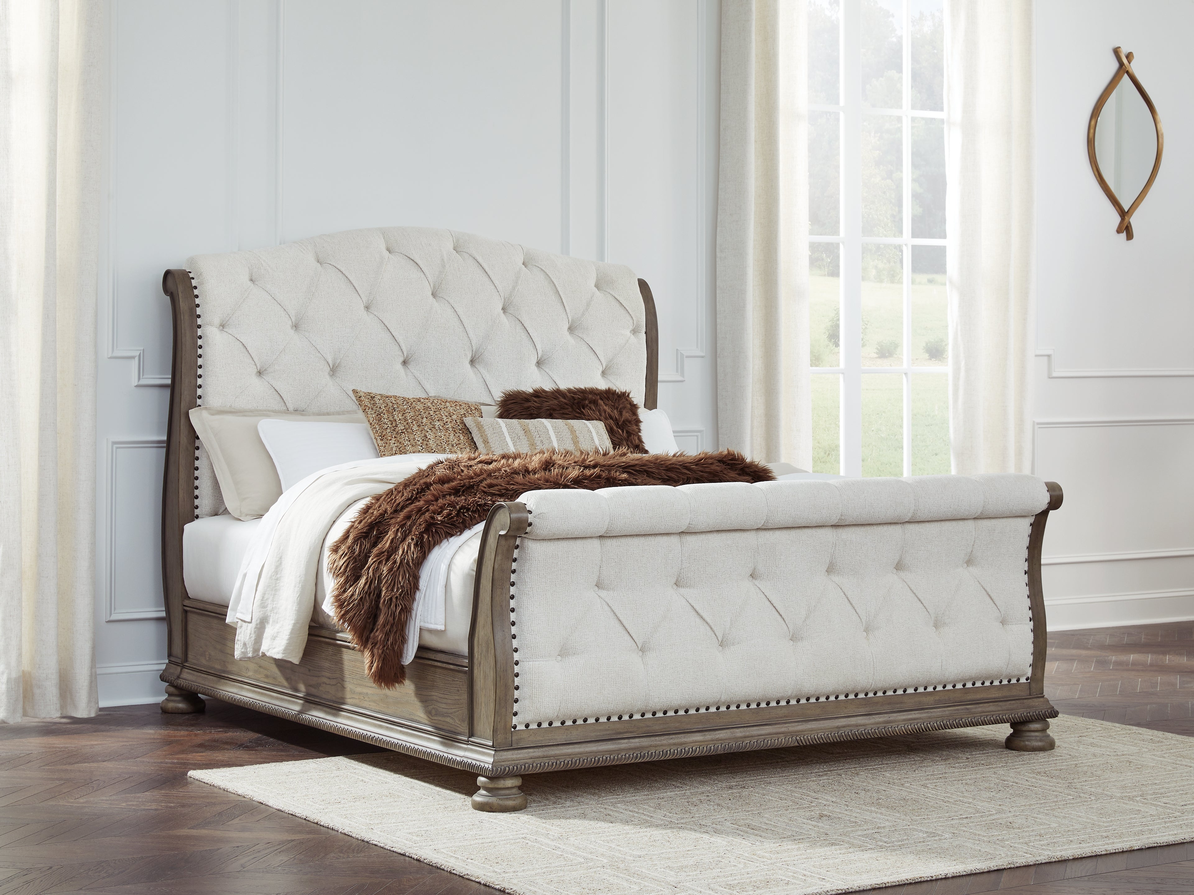 Best Furniture Outlet - Ashley Furniture - Ardenfield Bedroom - King Upholstered Sleigh Bed / Light Brown - B944B4