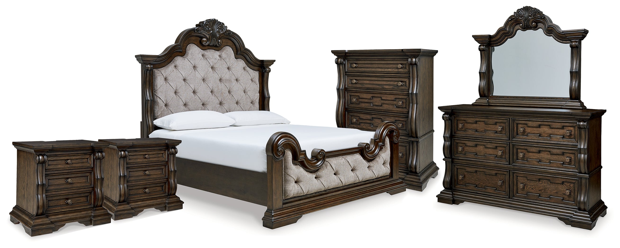 Best Furniture Outlet - Ashley Furniture - Maylee Bedroom - King Upholstered Bed, Dresser, Mirror, Chest and 2 Nightstands / Dark Brown - B947B13