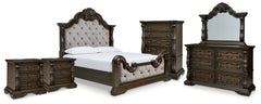 Best Furniture Outlet - Ashley Furniture - Maylee Bedroom - King Upholstered Bed, Dresser, Mirror, Chest and 2 Nightstands / Dark Brown - B947B13