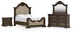 Best Furniture Outlet - Ashley Furniture - Maylee Bedroom - Queen Upholstered Panel Bed, Dresser, Mirror and Nightstand / Dark Brown - B947B18