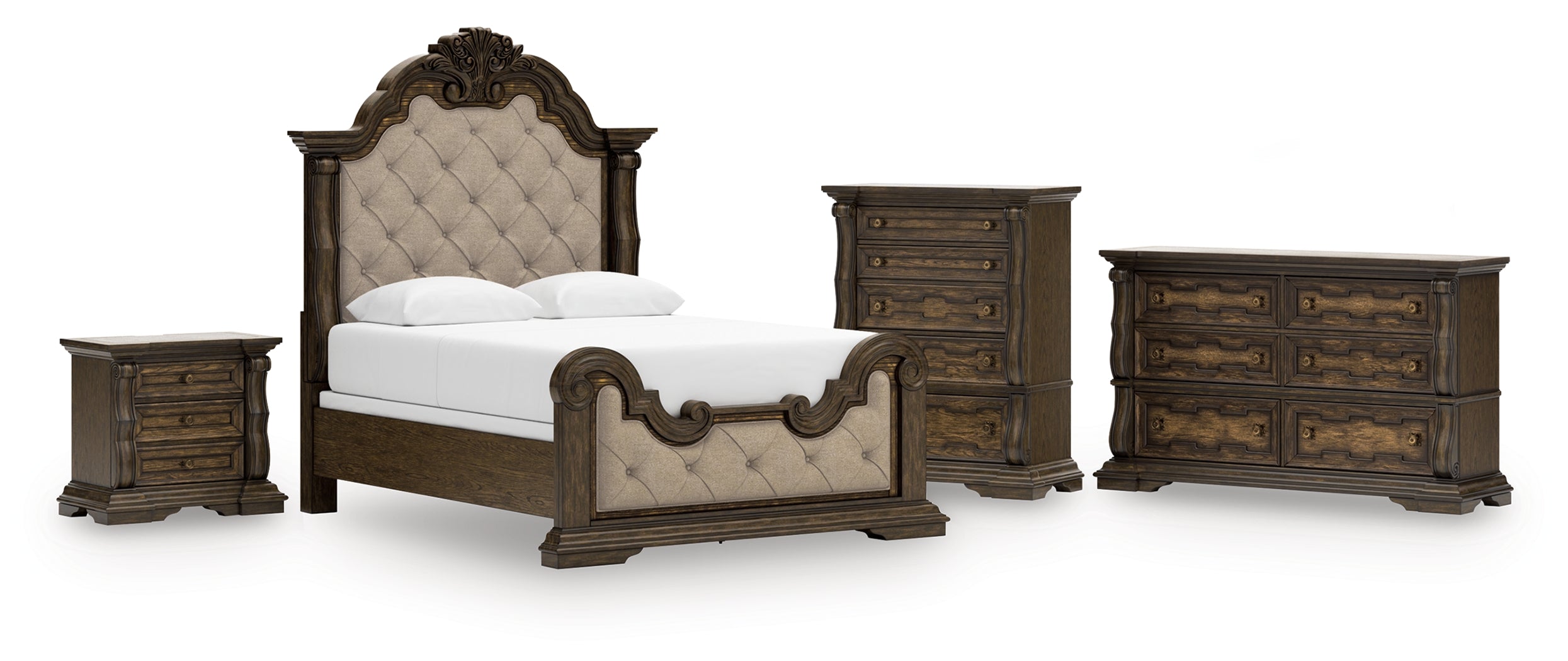 Best Furniture Outlet - Ashley Furniture - Maylee Bedroom - Queen Upholstered Bed, Dresser, Chest and Nightstand / Dark Brown - B947B12