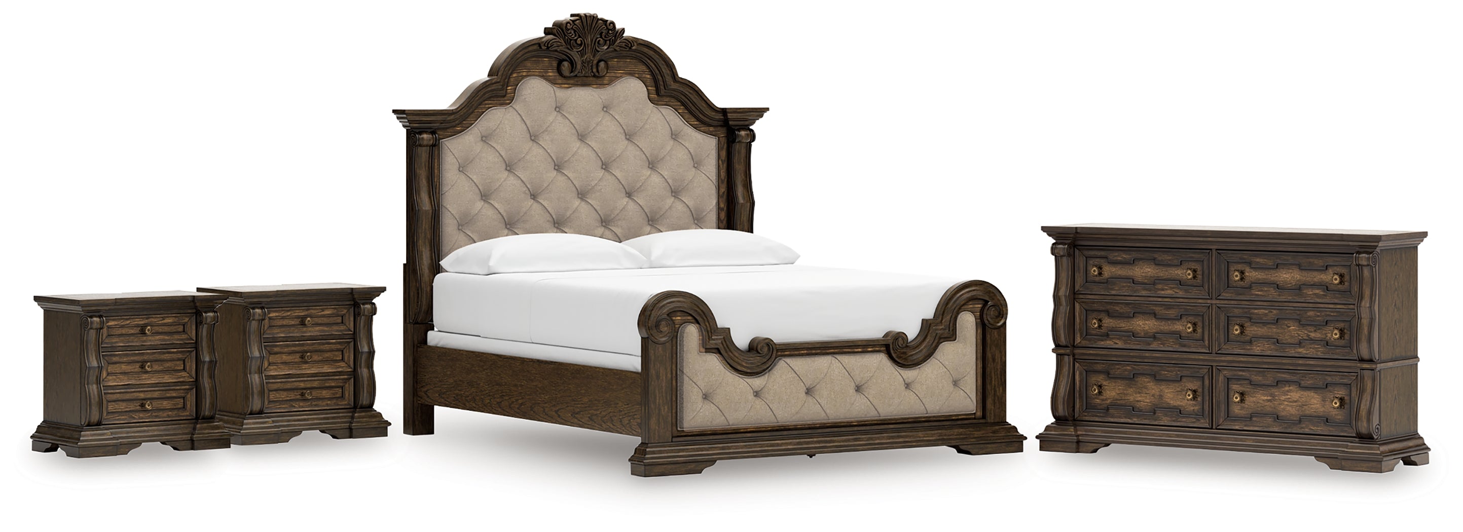 Best Furniture Outlet - Ashley Furniture - Maylee Bedroom - King Upholstered Bed, Dresser and 2 Nightstands / Dark Brown - B947B14