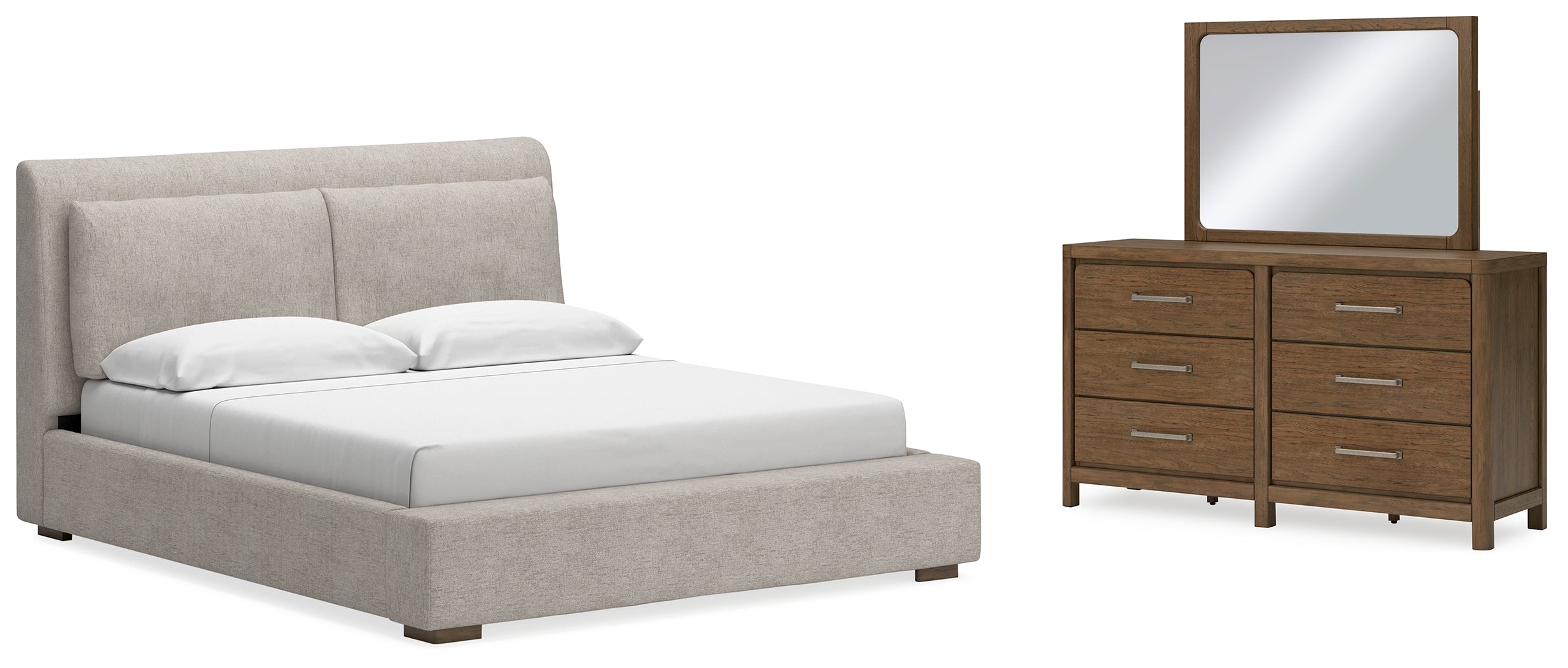 Best Furniture Outlet - Ashley Furniture - Cabalynn Bedroom - King Upholstered Bed, Dresser and Mirror / Light Brown - B974B10