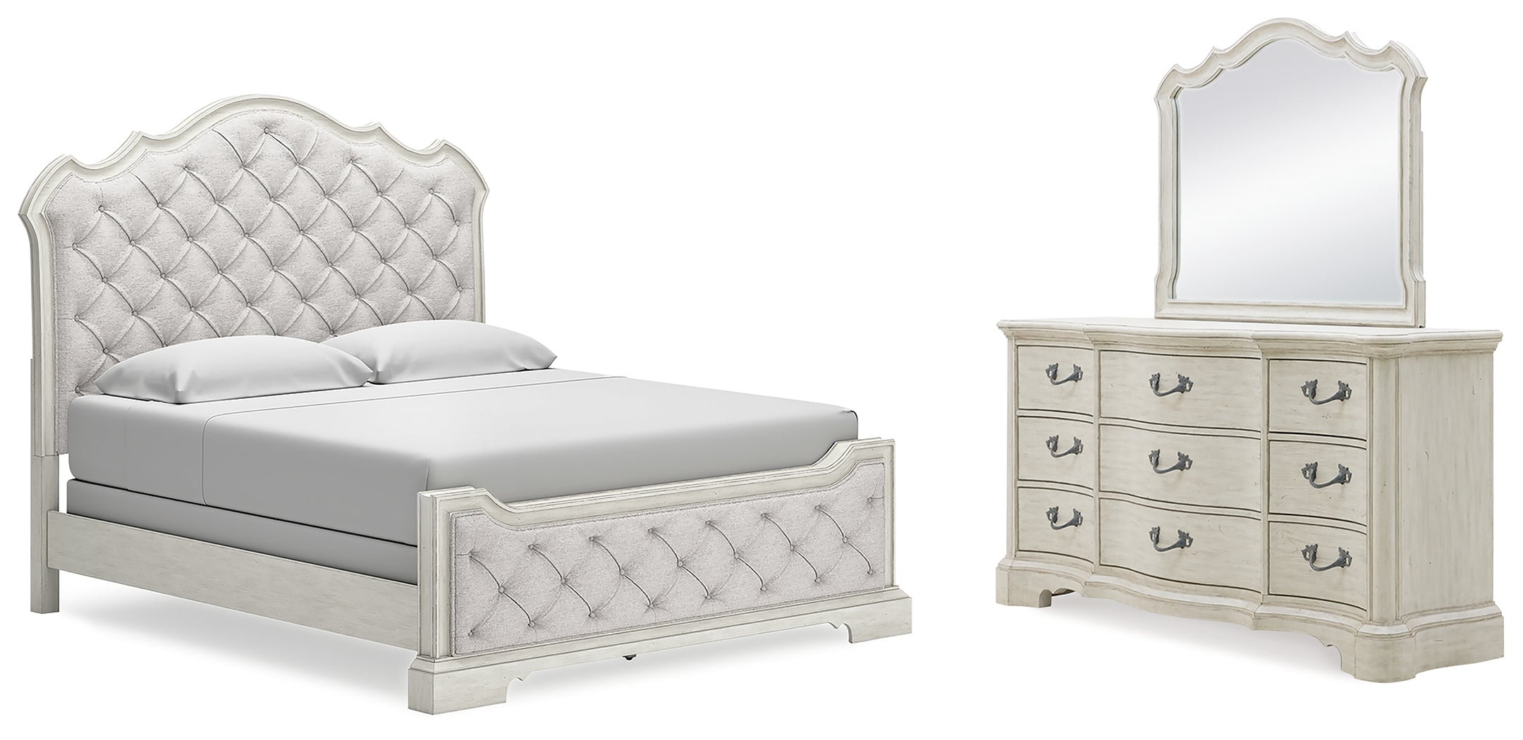 Best Furniture Outlet - Ashley Furniture - Arlendyne Bedroom - King Upholstered Bed, Dresser and Mirror / Antique White - B980B9