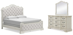 Best Furniture Outlet - Ashley Furniture - Arlendyne Bedroom - King Upholstered Bed, Dresser and Mirror / Antique White - B980B9