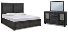 Best Furniture Outlet - Ashley Furniture - Foyland Bedroom - King Panel Storage Bed, Dresser and Mirror / Black/Brown - B989B7
