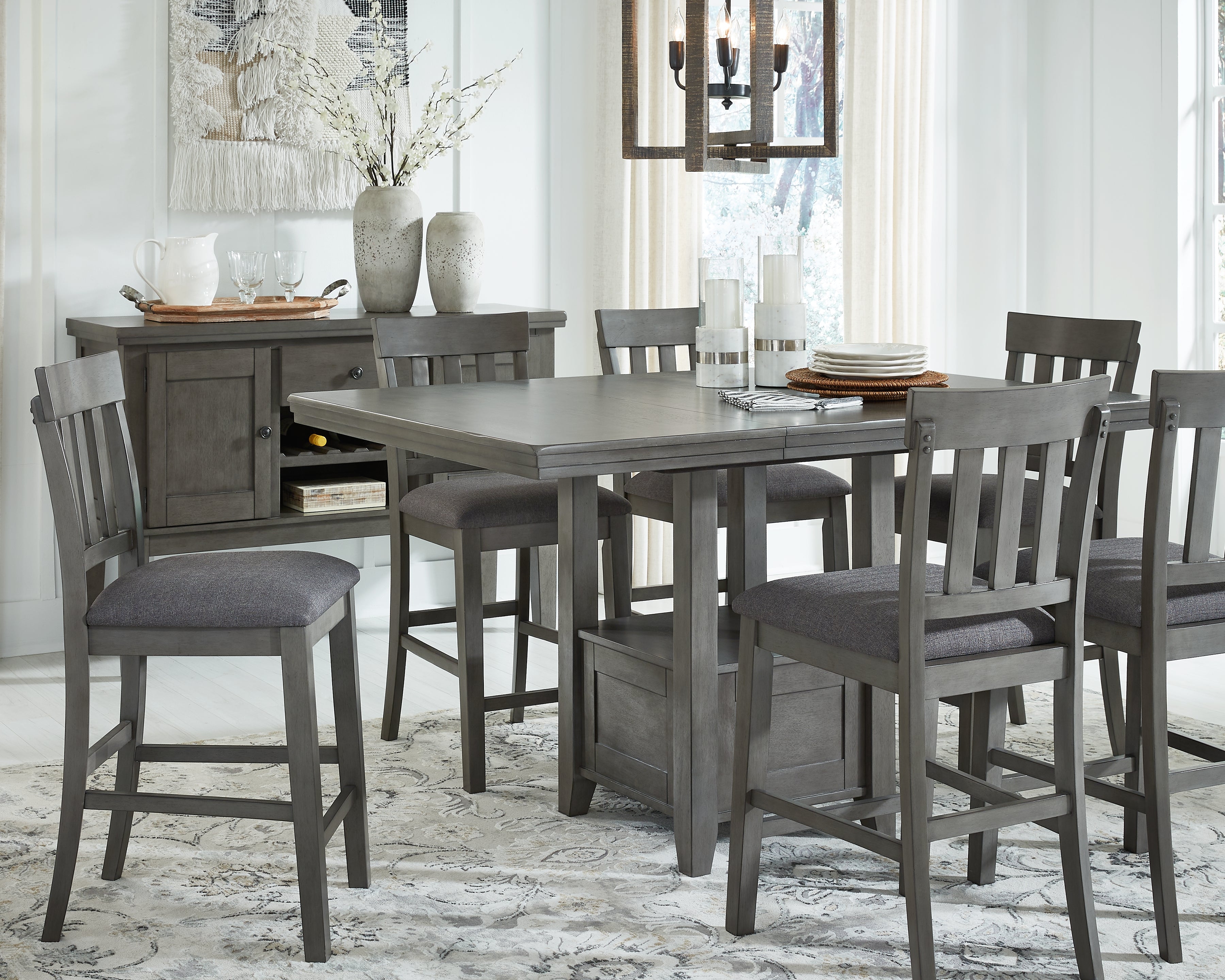 Best Furniture Outlet - Ashley Furniture - Hallanden Dining Room - RECT DRM Counter EXT Table / Gray / 42"W x 60"D x 36"H - D589-42