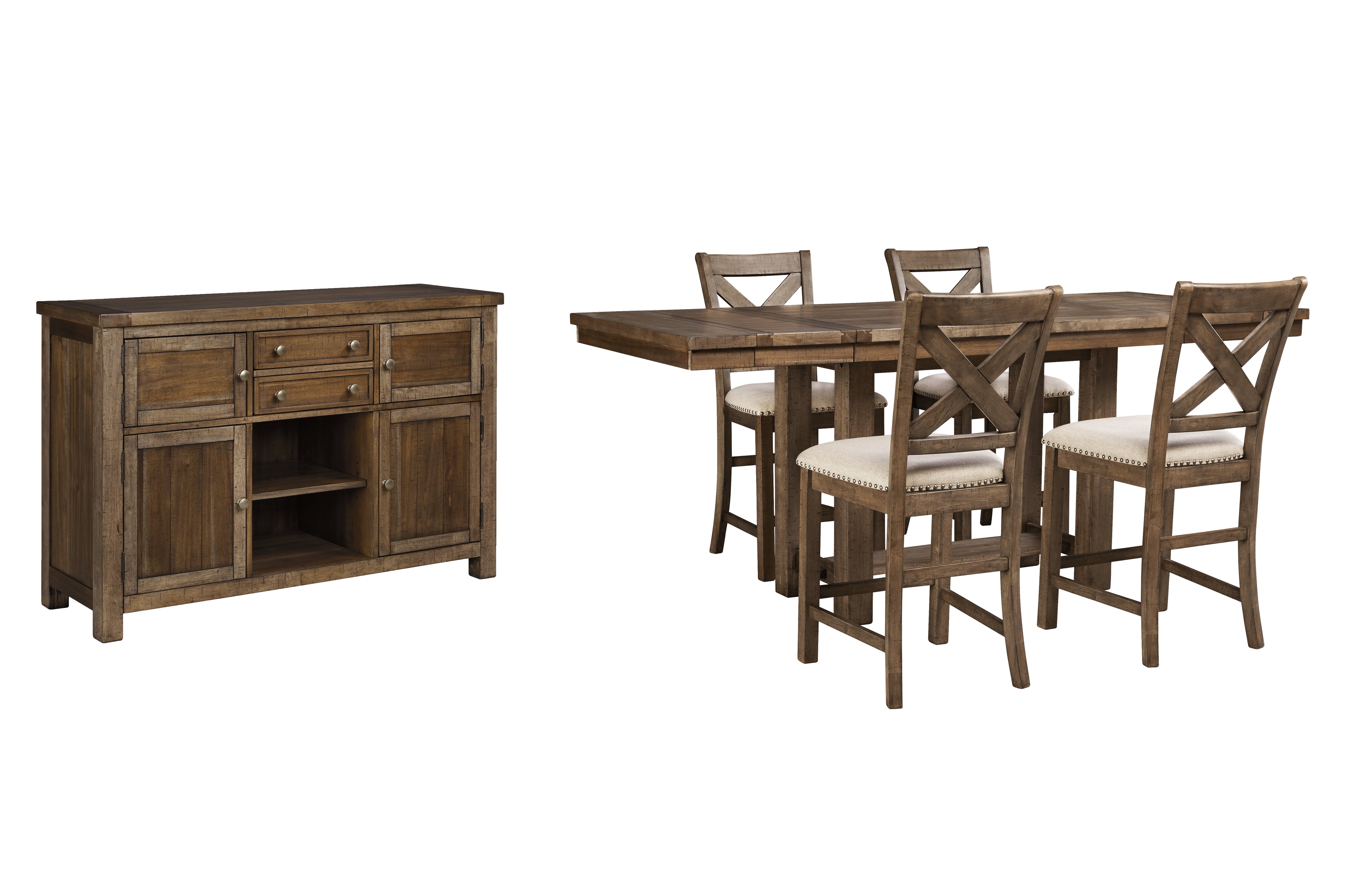 Best Furniture Outlet - Ashley Furniture - Moriville Dining Room - Counter Height Dining Table, 4 Barstools and Server / Grayish Brown - D631D8