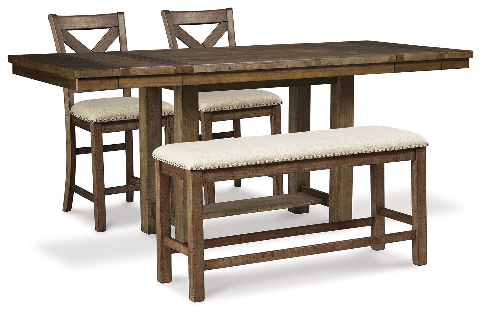 Best Furniture Outlet - Ashley Furniture - Moriville Dining Room - Counter Height Dining Table and 2 Barstools and Bench / Beige - D631D9