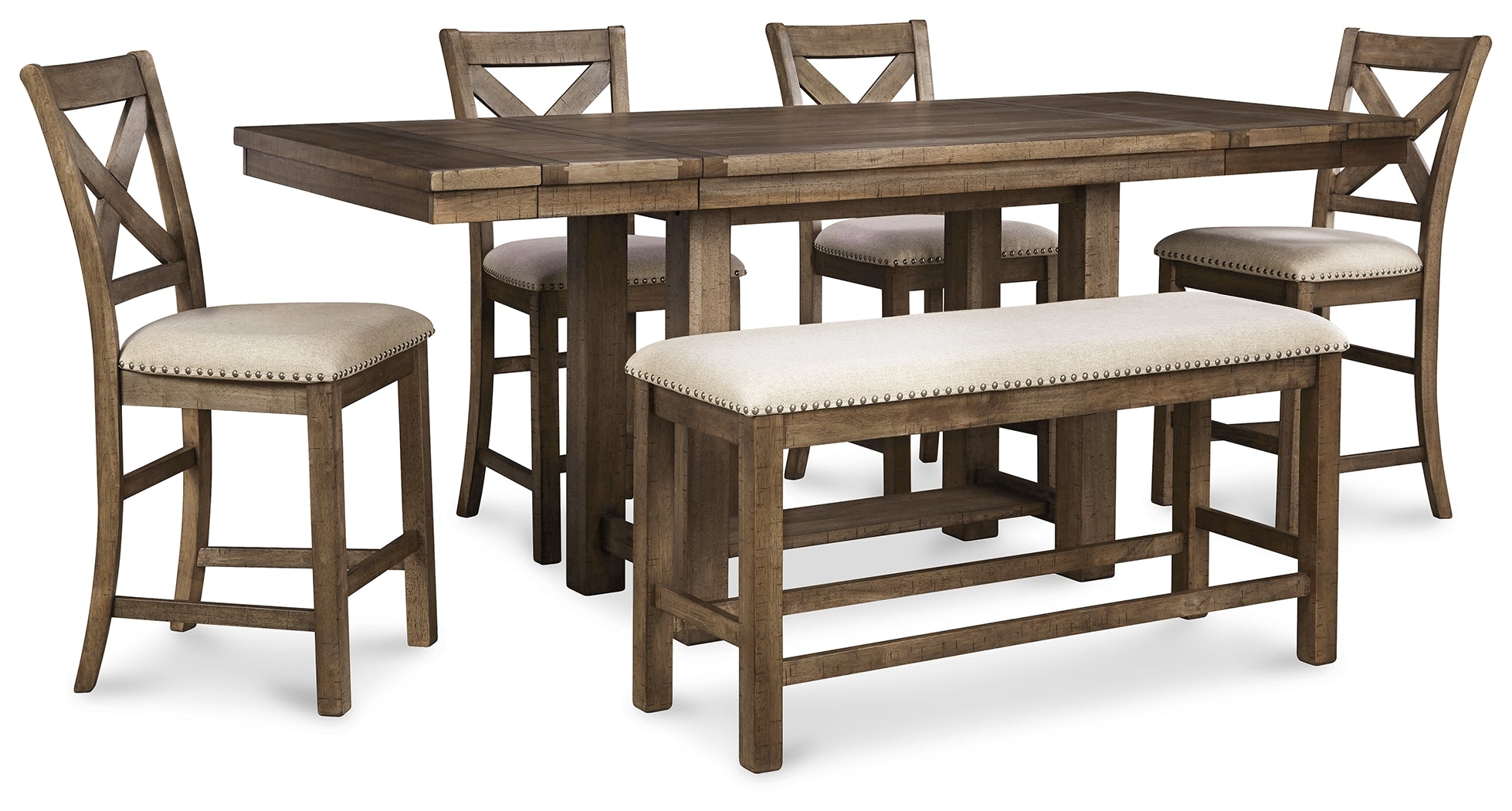 Best Furniture Outlet - Ashley Furniture - Moriville Dining Room - Counter Height Dining Table with 4 Barstools and Bench / Grayish Brown - D631D3