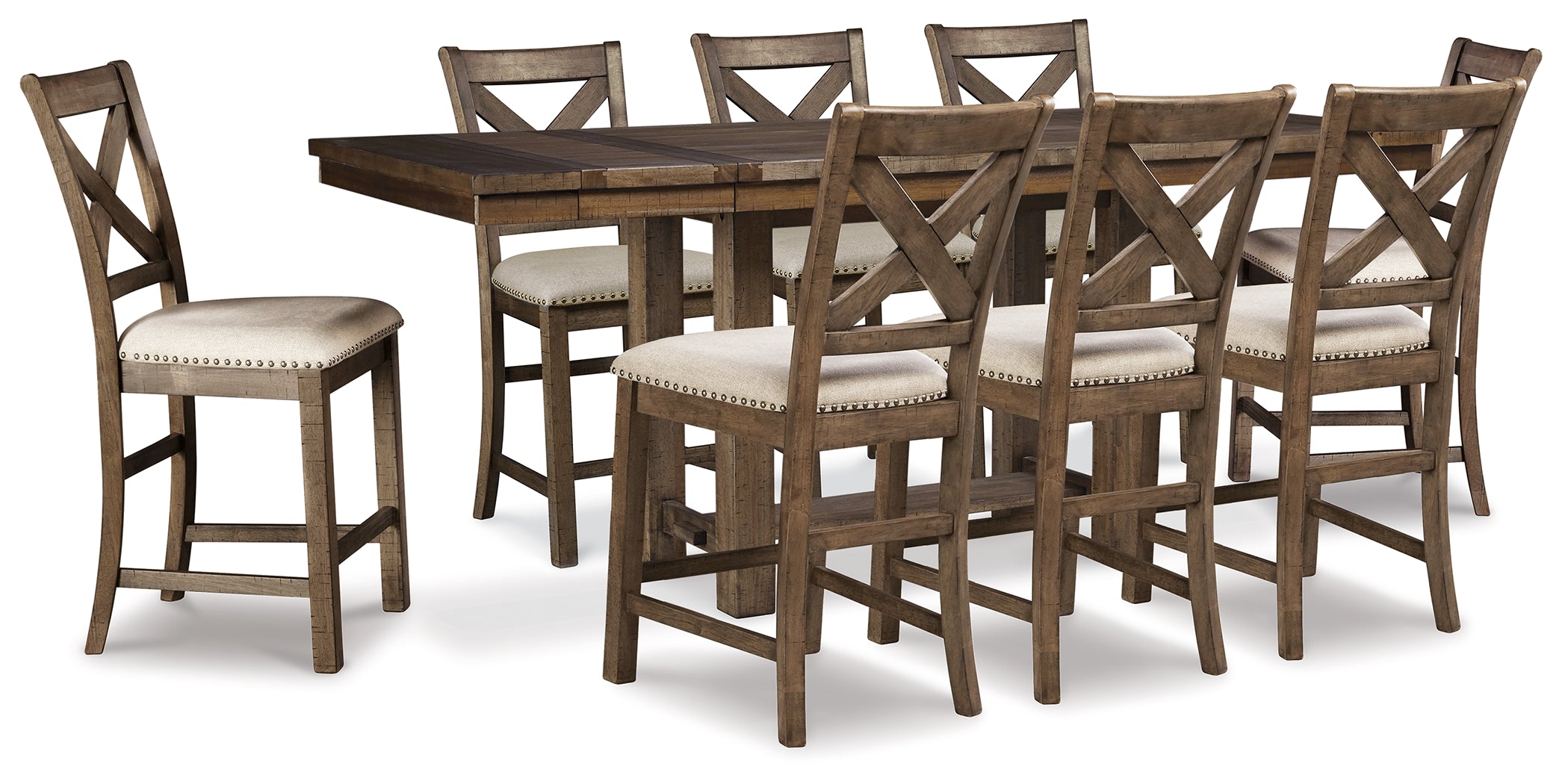 Best Furniture Outlet - Ashley Furniture - Moriville Dining Room - Counter Height Extension Table and 8 Barstools / Grayish Brown - D631D12