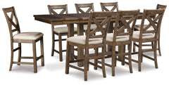 Best Furniture Outlet - Ashley Furniture - Moriville Dining Room - Counter Height Extension Table and 8 Barstools / Grayish Brown - D631D12