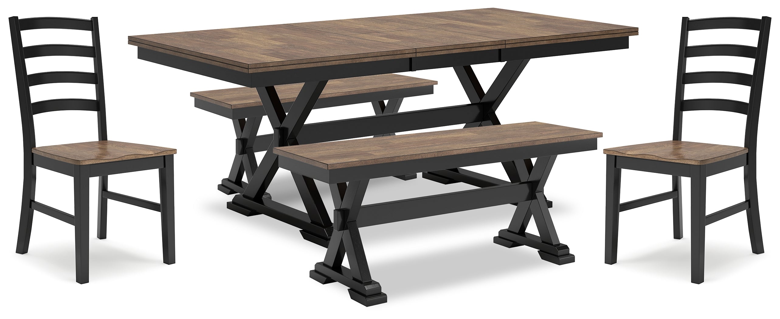 Best Furniture Outlet - Ashley Furniture - Wildenauer Dining Room - Dining Table, 2 Chairs and 2 Benches / Brown/Black - D634D7