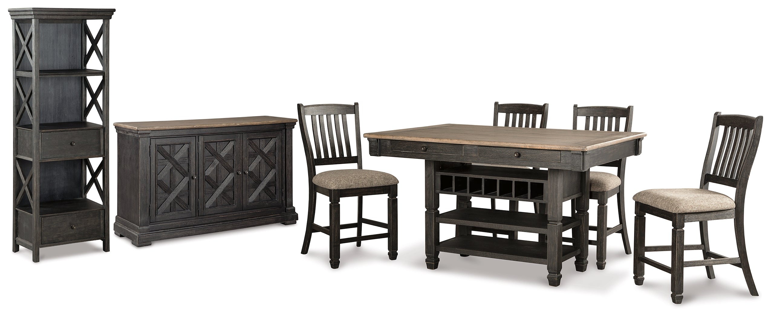 Best Furniture Outlet - Ashley Furniture - Tyler Creek Dining Room - Counter Height Table with 4 Barstools, Server and Display Cabinet / Black/Grayish Brown - D736D13