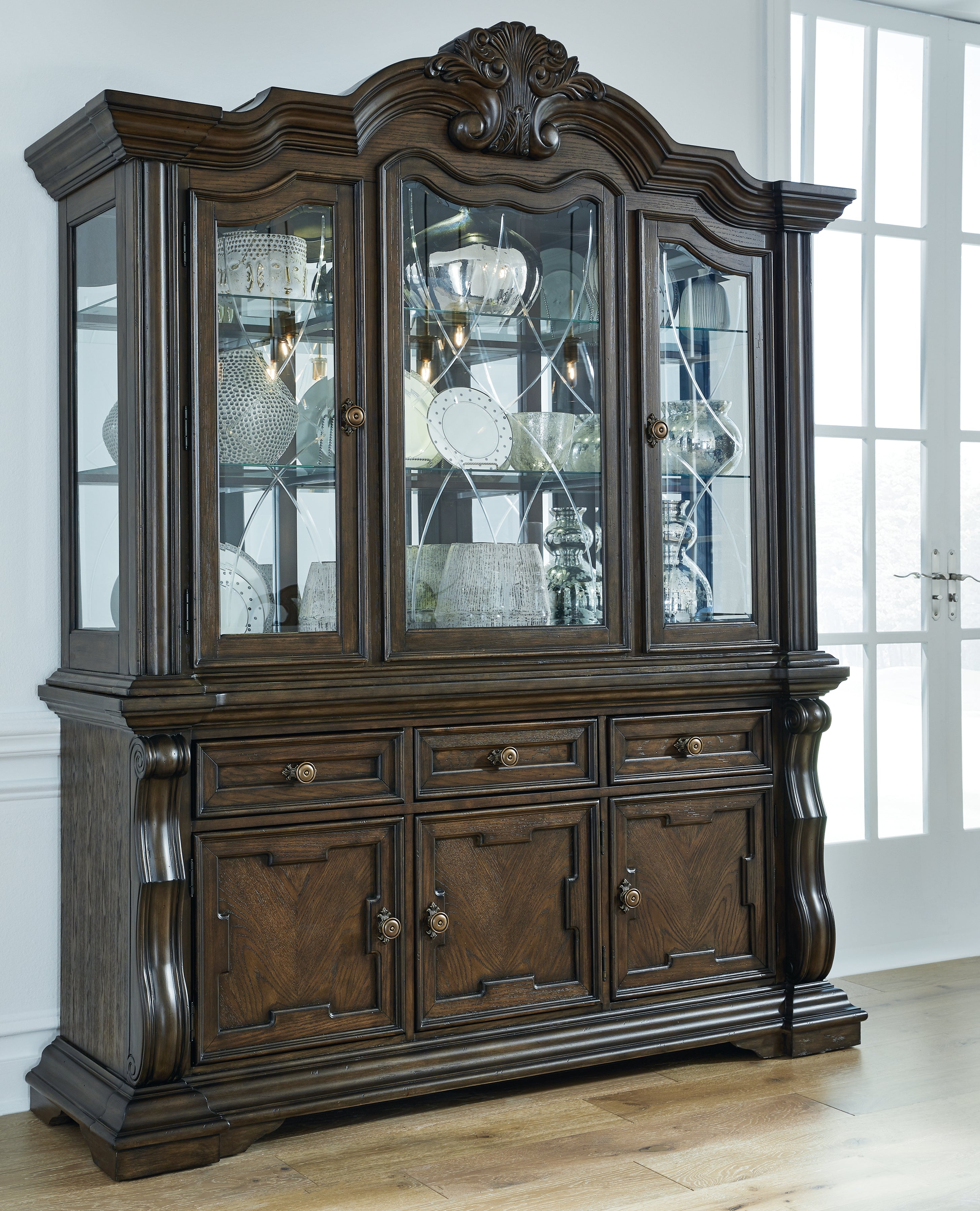 Best Furniture Outlet - Ashley Furniture - Maylee Dining Room - Dining Buffet and Hutch / Dark Brown - D947D1