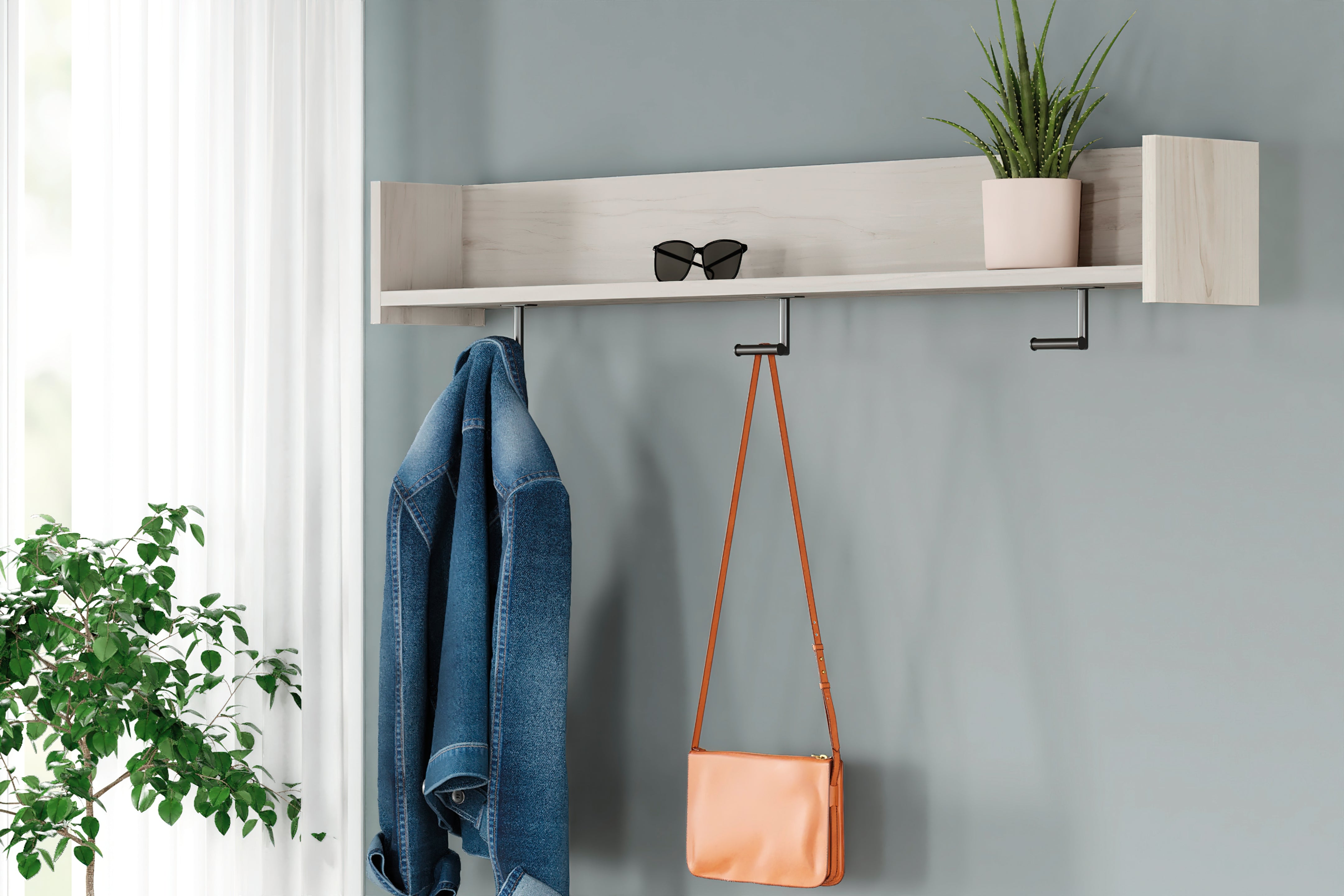 Best Furniture Outlet - Ashley Furniture - Socalle Wall Decor - Wall Mounted Coat Rack w/Shelf / Light Natural - EA1864-151