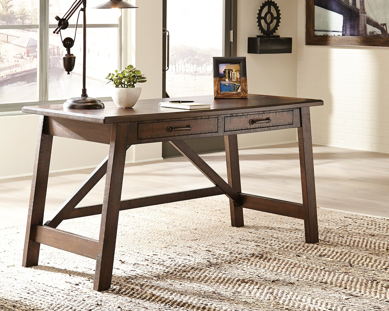 Best Furniture Outlet - Ashley Furniture - Baldridge Office Desk - Home Office Large Leg Desk / Rustic Brown - H675-44