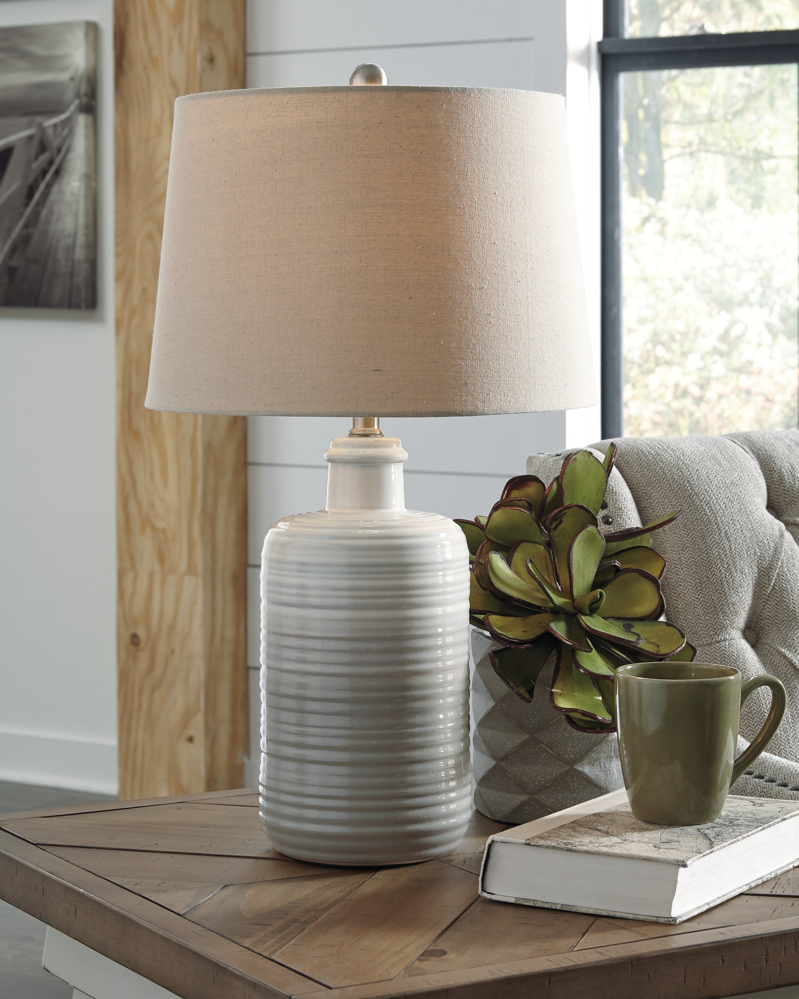 Best Furniture Outlet - Ashley Furniture - Marnina Lighting - Ceramic Table Lamp (Set of 2) / Taupe - L121854