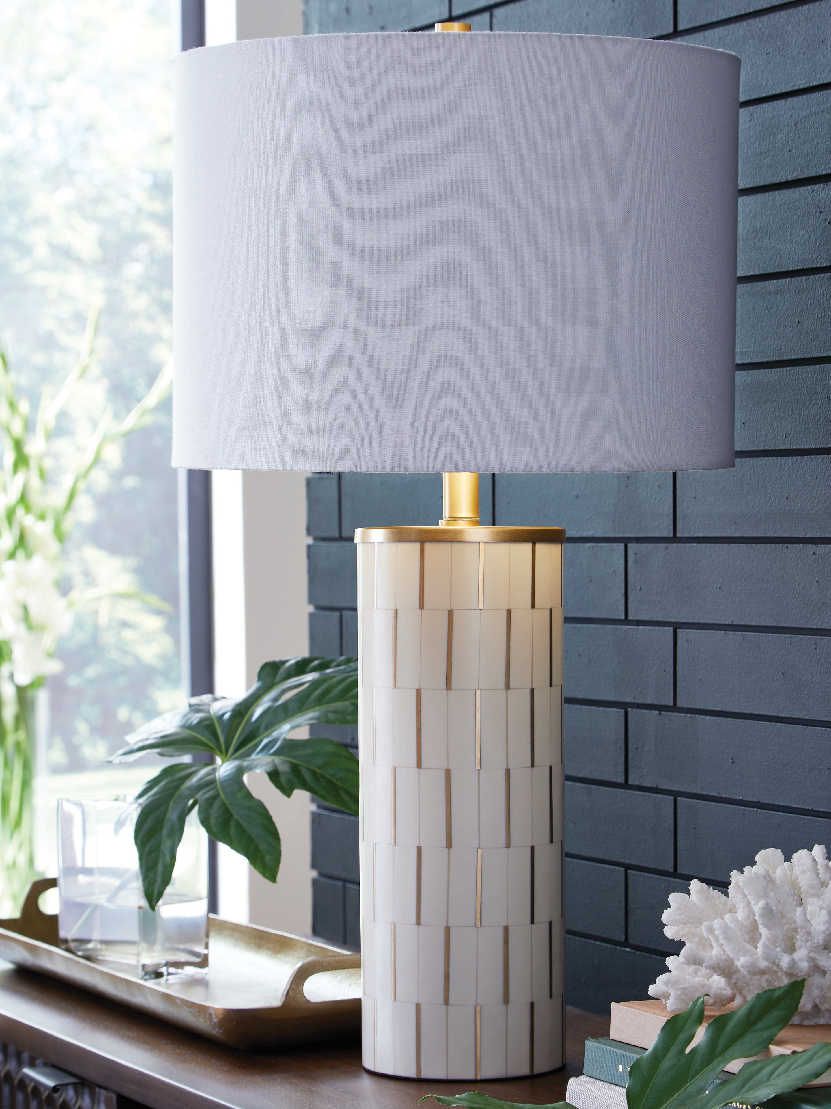 Best Furniture Outlet - Ashley Furniture - Faridworth Lighting - Poly Table Lamp (1/CN) / White/Gold Finish - L235954